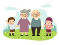 Cartoon of grandparents and grandchildren standing holding hands in the park. Happy grandparents day concept Royalty Free Stock Photo