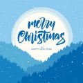 Vector illustration: Cartoon greeting card with handwritten lettering of Merry Christmas with hills and pine forest Royalty Free Stock Photo