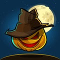 A vector illustration of cartoon Halloween pumpkin with hat on dark night background with a big full moon behind Royalty Free Stock Photo