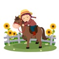 Cartoon of happy boy riding and hugging her horse Royalty Free Stock Photo