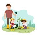 Cartoon happy children helping their father planting the young tree. Family enjoying time at home concept