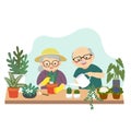 Cartoon happy elderly couple gardening and watering plants at home. Family enjoying time at home concept