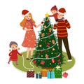Happy family decorating a Christmas tree. The concept of Christmas and New Year