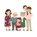 Vector illustration cartoon of a happy family. Mother, father, grandparents, and children with a cat. Vector people