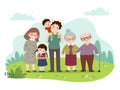 A happy family in the park. Mother, father, grandparents, and children with a cat. Vector people