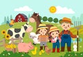 Cartoon of happy farmer and kids with farm animals on the farm Royalty Free Stock Photo