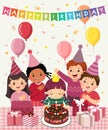 Cartoon of happy group of children having fun at birthday party. Little girl blowing out candle on birthday Royalty Free Stock Photo