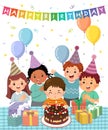 Cartoon of happy group of kids having fun at birthday party. Little boy blowing out candle on birthday cake Royalty Free Stock Photo