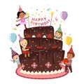 Cartoon of happy kids decorating birthday cake