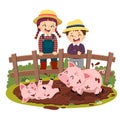 Cartoon of happy kids looking at pig and piglet playing in mud puddle