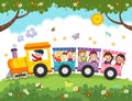 Cartoon of happy kids with the train