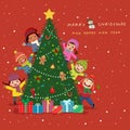 Happy new year and merry Christmas card design. Group of cute kids peeping behind the Christmas tree