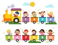 Cartoon of happy preschool kids with the train numbers. Card for learning numbers