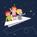 Cartoon of happy three kids flying on the paper airplane in the starry sky at night