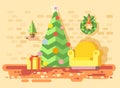 Vector illustration cartoon home interior comfortable chair, room with Christmas tree spruce, happy New Year, Merry