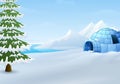 Cartoon of Igloo with fir trees and mountains in winter illustration