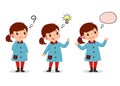 Cartoon kid thinking. Thoughtful girl, confused girl, and girl with illustrated bulb above her head Royalty Free Stock Photo