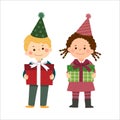 Vector illustration cartoon of kids holding gift boxes. Merry Christmas and Happy New Year card Royalty Free Stock Photo