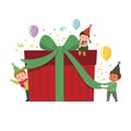 Vector illustration cartoon of kids with large gift box. Merry Christmas and Happy New Year card