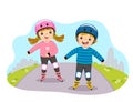 Cartoon of kids in safety helmets playing on roller skates in the park