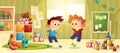 Vector cartoon preschool kindergarten with boys, toys