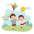 Cartoon of a little boy and girl flying the kite. Siblings playing together