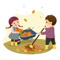 Cartoon of a little boy and girl raking the leaves. Kids doing housework chores at home concept Royalty Free Stock Photo