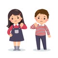 Cartoon of a little boy and girl showing thumbs down with negative expression