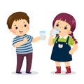 Cartoon of a little boy holding glass of water and showing thumb up sign with girl drinking water