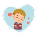 Cartoon of a little boy hugging himself on blue heart background. Love yourself concept Royalty Free Stock Photo