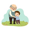 Cartoon of a little boy hugging his grandfather in the park