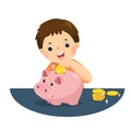 Cartoon of a little boy putting coin into piggy bank for saving money and plan finance