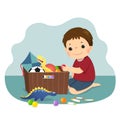 Cartoon of a little boy putting his toys into the box. Kids doing housework chores at home concept