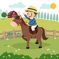 Cartoon of little boy riding a horse in the farm Royalty Free Stock Photo