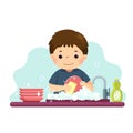 Cartoon of a little boy washing the dishes in kitchen. Kids doing housework chores at home concept