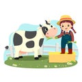 Cartoon of little girl on bale of hay feeding her cow with green grass Royalty Free Stock Photo