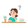 Vector illustration of a cartoon little girl doing hard homework on the table.