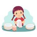 Cartoon of a little girl drying the dishes at kitchen counter. Kids doing housework chores at home concept
