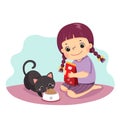Cartoon of a little girl feeding her cat at home. Kids doing housework chores at home concept