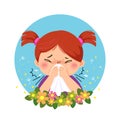 Cartoon little girl having allergy from pollen. Health Problems concept