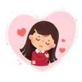 Cartoon of a little girl hugging herself on pink heart background. Love yourself concept Royalty Free Stock Photo