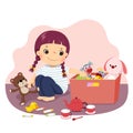 Cartoon of a little girl putting her toys into the box. Kids doing housework chores at home concept