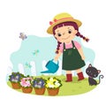 Cartoon of a little girl watering plant. Kids doing housework chores at home concept Royalty Free Stock Photo