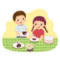 Cartoon of little siblings setting the table. Kids doing housework chores at home concept