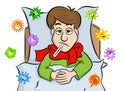 Cartoon man lying in bed with fever and is surrounded by viruses Royalty Free Stock Photo