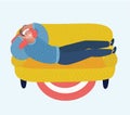 Vector illustration of cartoon man lying with a compress on the forehead on sofa and suffering with headache