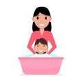 Vector illustration cartoon mother bathes a baby