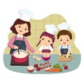 Cartoon of mother and children cooking at kitchen counter. Kids doing housework chores at home concept Royalty Free Stock Photo