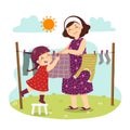 Cartoon of mother and daughter hanging the laundry on the backyard. Kids doing housework chores at home