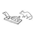 vector illustration of a cartoon mouse near a mousetrap with cheese